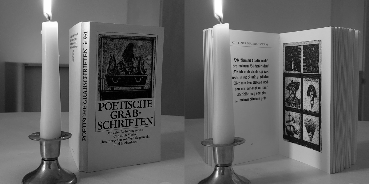 збірка епітафій Poetische Grabschriften. Mit zehn Radierungen von Christoph Meckel